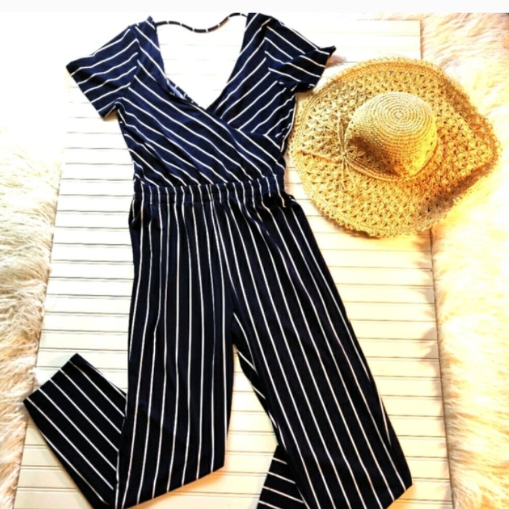 Express Striped Wrap Jumpsuit Black White Small